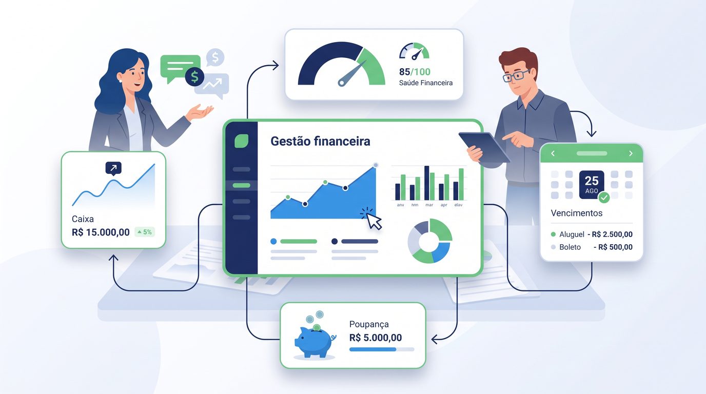 Painel de gestão financeira com gráfico de caixa, nota de saúde financeira, calendário de vencimentos e poupança, enquanto duas pessoas analisam os números.